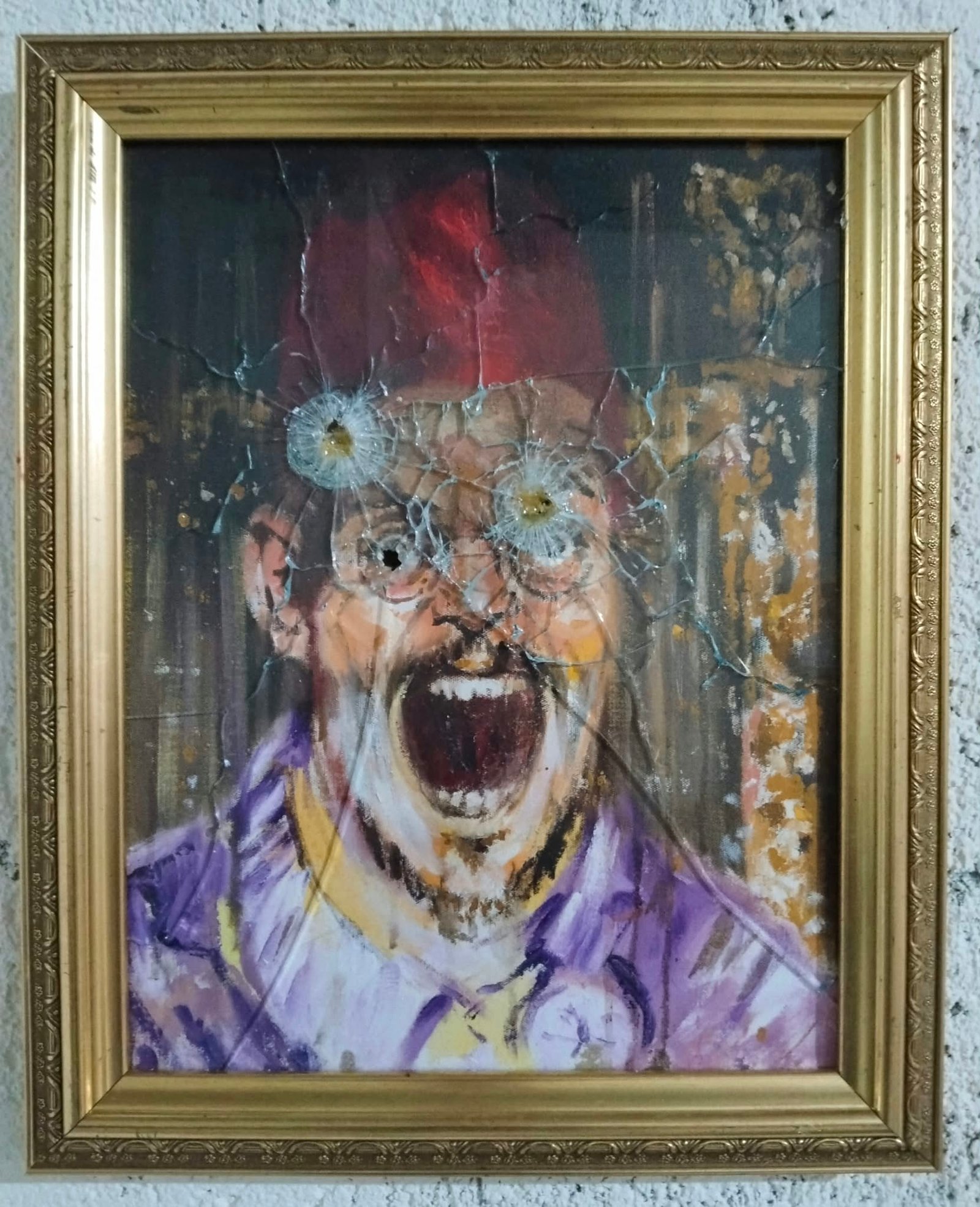 Burhan Kum — Break Point, 2026, Oil on canvas, riddled glass with bullets, frame, 45x55 cm