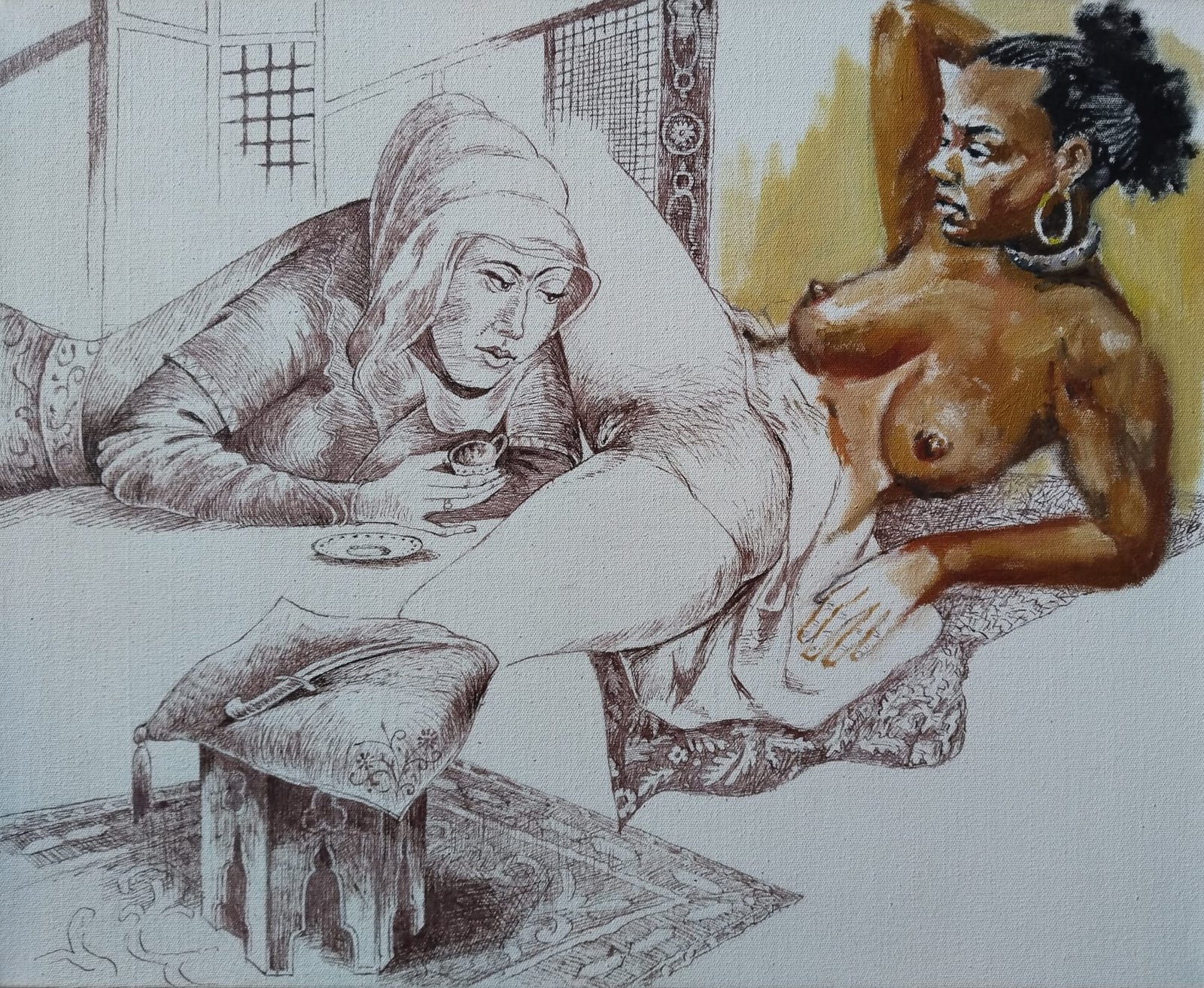 Burhan Kum — Coffee (Mis)Fortune, 2026, Sepia and oil on canvas, 45 x 55 cm.